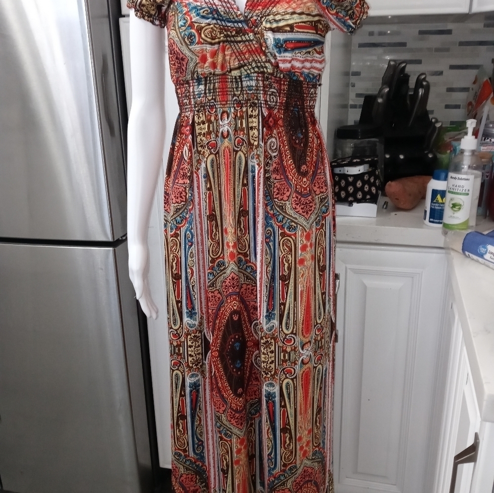 LAPAGEE PAISLEY LONGLINE CROSSOVER V NECK SMOCKED WAIST PRAIRIE STYLE DRESS M - Picture 15 of 15